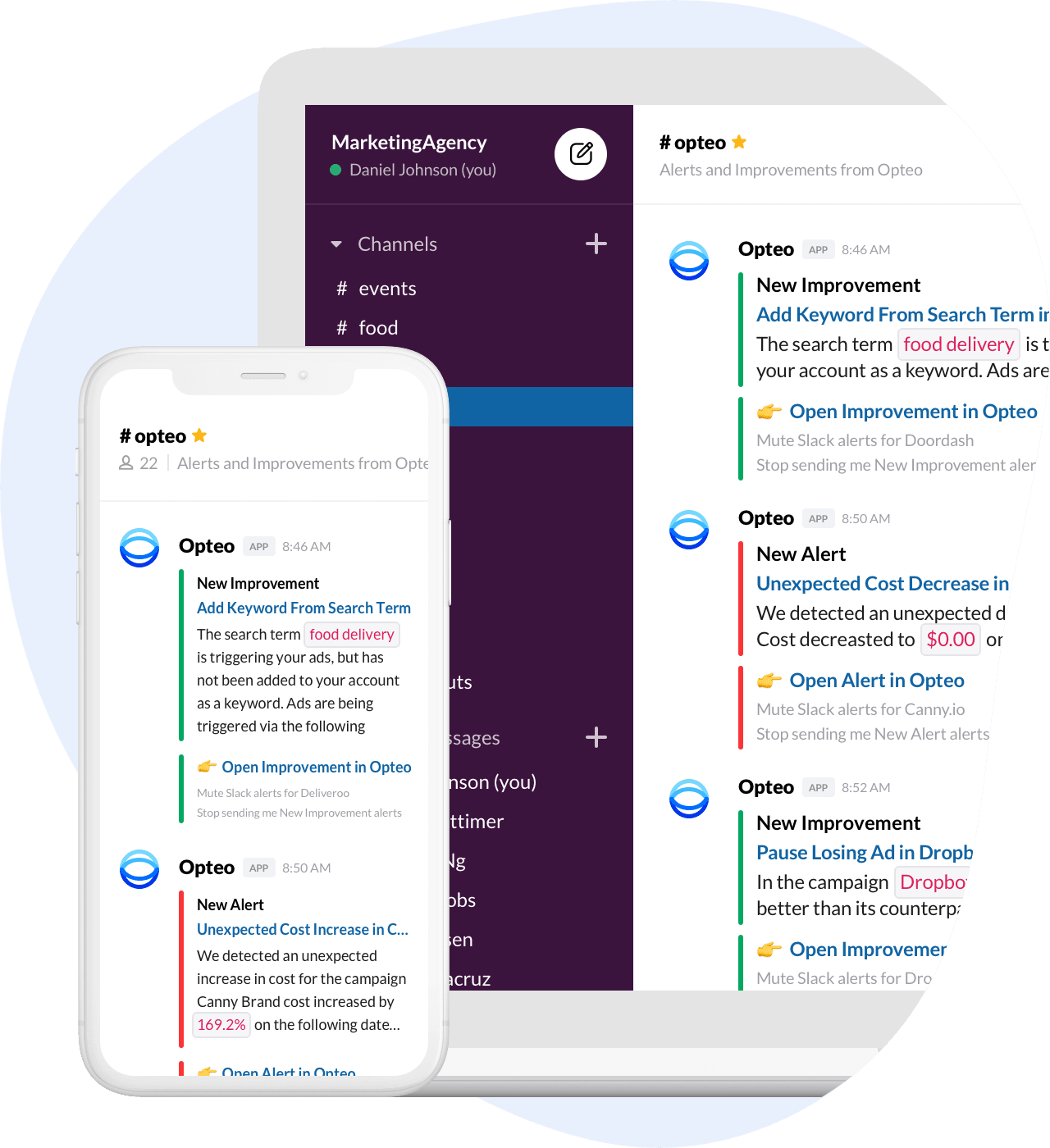 Screenshot of Opteo Slack integration